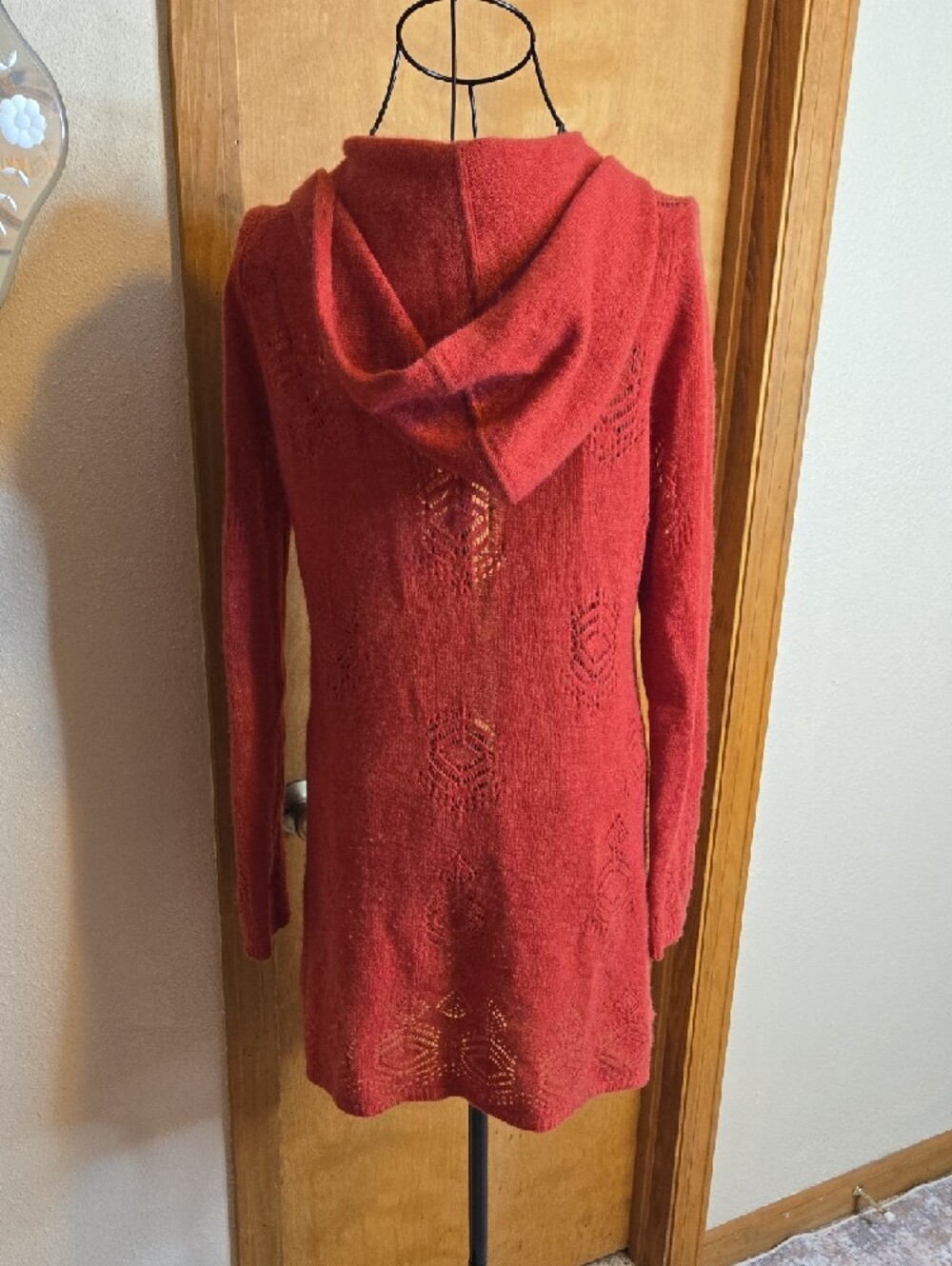 Cynthia Rowley Brick Red Hooded Open Knit Cardigan 100% Cashmere - Picture 4 of 6